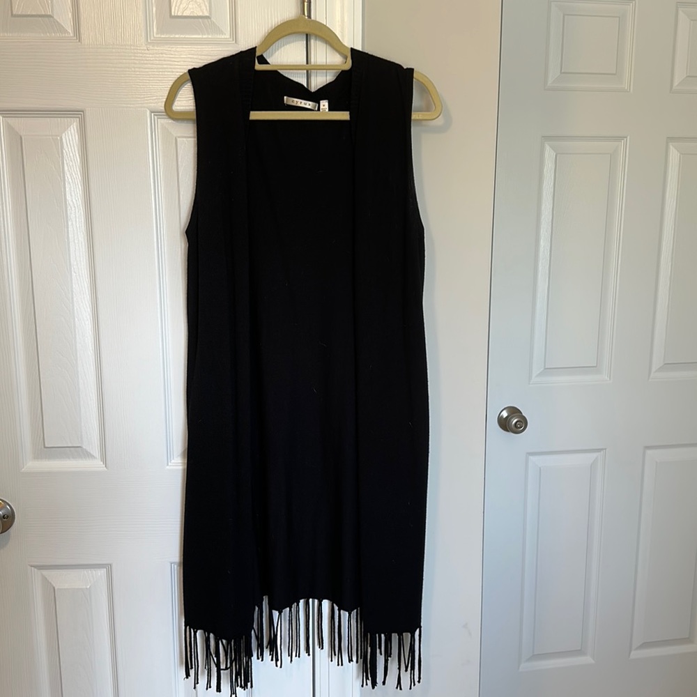 Black Fringe Sleeveless Duster Vest Boho Festival Layering Piece